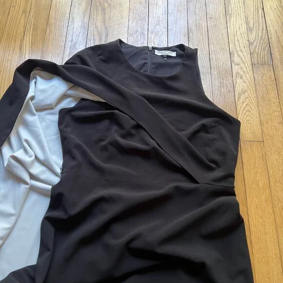 Halston Heritage Size 10 Black & White Draped Ruffle Overlay Asymmetrical Dress